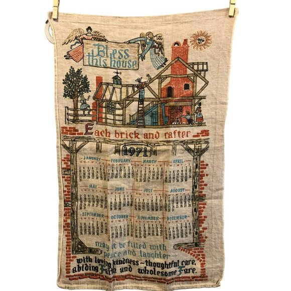 Other - Vtg 1971 Bless This House Linen Calender Wall Hanging House Prayer Angels New Ho